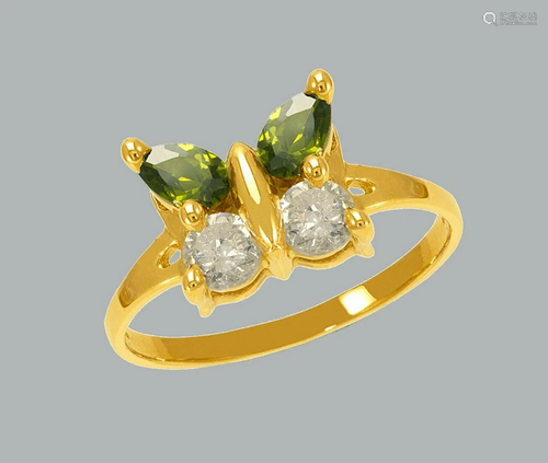 14K YELLOW GOLD LADIES FANCY CZ RING GREEN BUTTERFLY