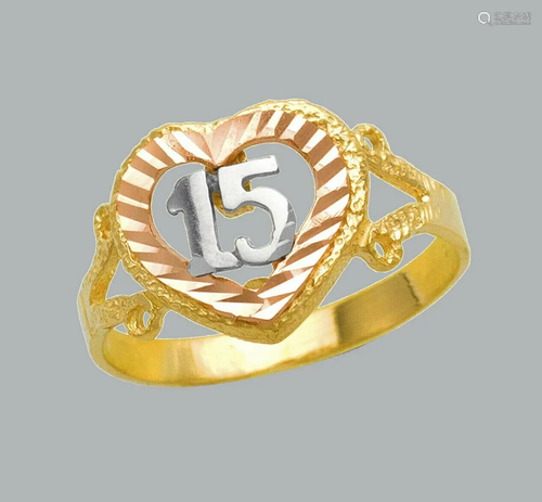 NEW 14K TRI COLOR GOLD LADIES FANCY RING 15 ANOS HEART