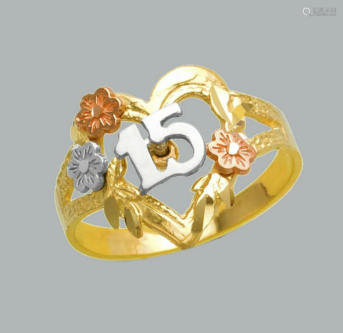 NEW 14K TRI COLOR GOLD LADIES FANCY RING 15 ANOS HEART