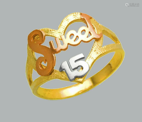 14K TRI COLOR GOLD LADIES RING SWEET 15 ANOS HEART