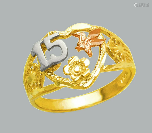 NEW 14K TRI COLOR GOLD LADIES FANCY RING 15 ANOS HEART