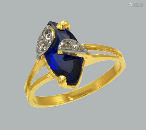 14K TWO TONE GOLD LADIES FANCY CZ RING BLUE MARQUISE