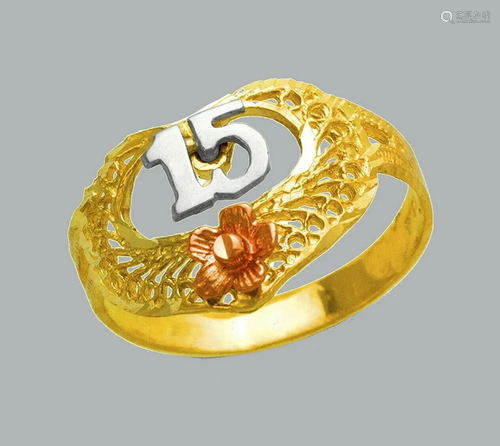 NEW 14K TRI COLOR GOLD LADIES FANCY RING 15 ANOS HEART