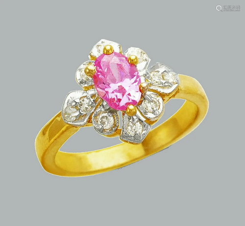 NEW 14K TWO TONE GOLD LADIES FANCY CZ RING PINK OVAL