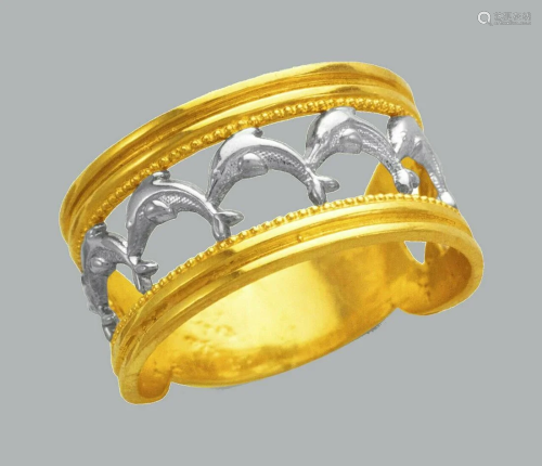 14K TWO TONE GOLD LADIES FANCY RING FILIGREE DOLPHINS