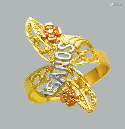 NEW 14K TRI COLOR GOLD LADIES FANCY RING 15 ANOS