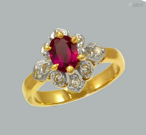 NEW 14K TWO TONE GOLD LADIES FANCY CZ RING RED OVAL