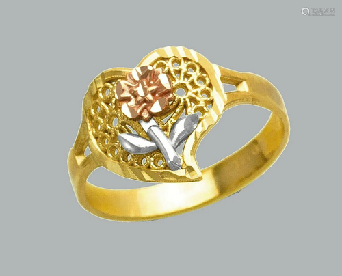 NEW 14K TRI COLOR GOLD LADIES FANCY RING FLOWER HEART