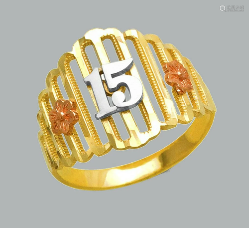 NEW 14K TRI COLOR GOLD LADIES FANCY RING 15 ANOS