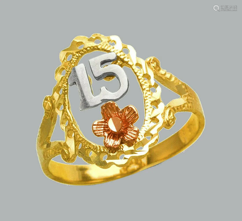 NEW 14K TRI COLOR GOLD LADIES FANCY RING 15 ANOS