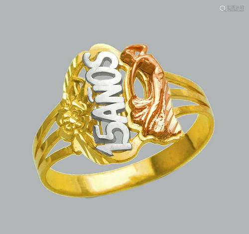 NEW 14K TRI COLOR GOLD LADIES FANCY RING 15 ANOS LADY