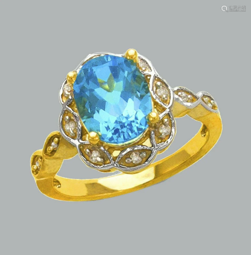 NEW 14K TWO TONE GOLD LADIES CZ COCKTAIL RING BLUE