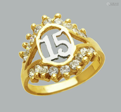 NEW 14K TWO TONE GOLD LADIES FANCY CZ RING 15 ANOS