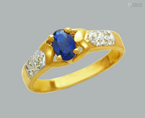 NEW 14K TWO TONE GOLD LADIES FANCY CZ RING BLUE OVAL