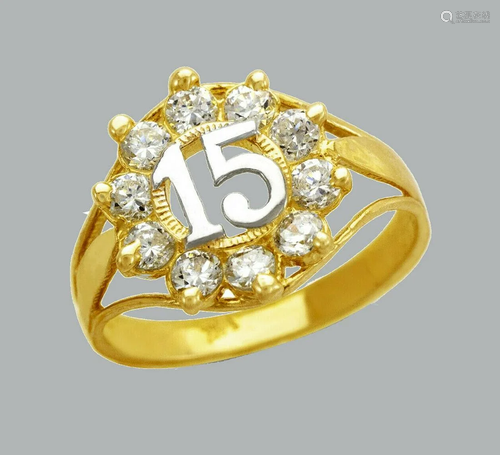 NEW 14K TWO TONE GOLD LADIES FANCY CZ RING 15 ANOS