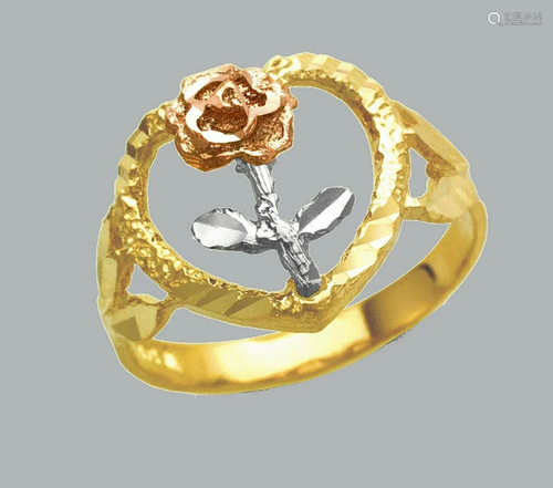 NEW 14K TRI COLOR GOLD LADIES FANCY RING FLOWER HEART