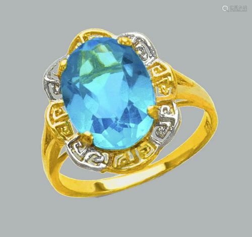 14K TWO TONE GOLD LADIES CZ COCKTAIL RING BLUE
