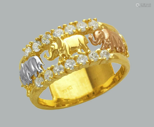 14K TRI COLOR GOLD LADIES FANCY CZ RING ELEPHANT BAND