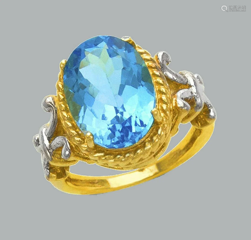 NEW 14K TWO TONE GOLD LADIES CZ COCKTAIL RING BLUE