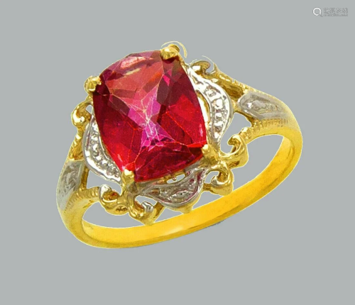 NEW 14K TWO TONE GOLD LADIES CZ COCKTAIL RING RED