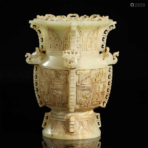 QING DYNASTY,JADE CARVED VASE COPY BRONZE WINE VESSEL