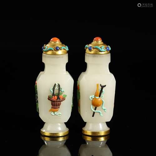 A PAIR OF HARDSTONE-INLAID JADE SNUFF BOTTLES AND PARCEL-GIL...