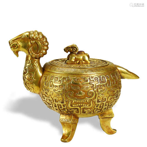 TANG DYNASTY,PARCEL-GILT SILVER SHEEP HEAD WINE VESSEL