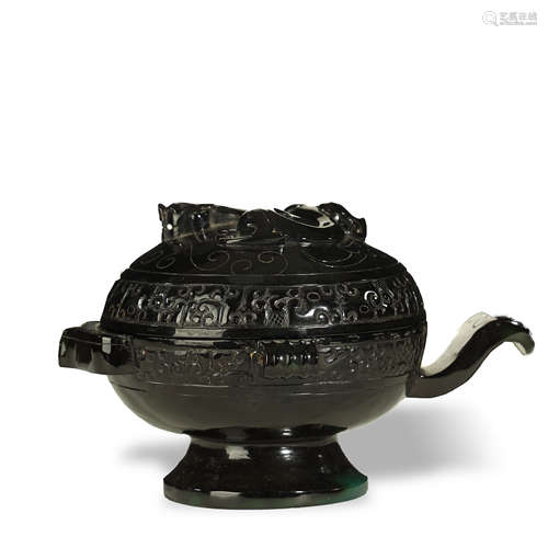 QING DYNASTY,BLACK AGATE CARVED DRAGON WINE VESSEL,DOU