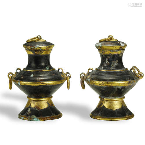 WARRING STATES PERIOD,A PAIR OF GILT-BRONZE VASE AND COVER