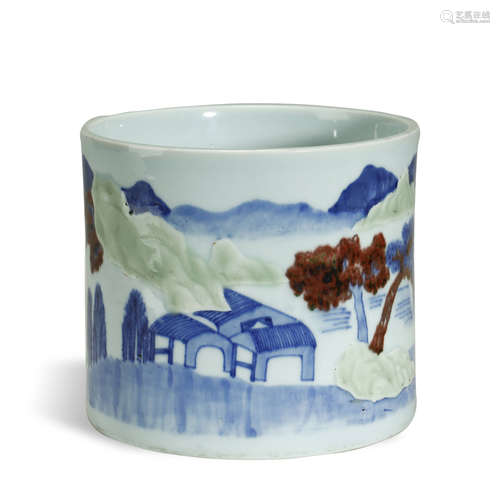 QING DYNASTY,UNDERGLAZE BLUE AND COPPER-RED BRUSH POT