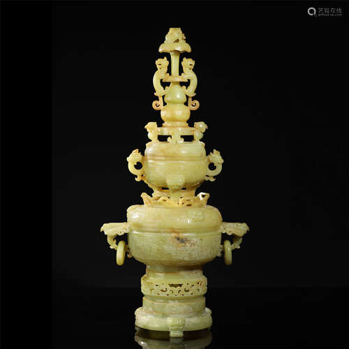 A FINE AND EXTREMELY RARE HETIAN JADE CENSER,QING DYNASTY