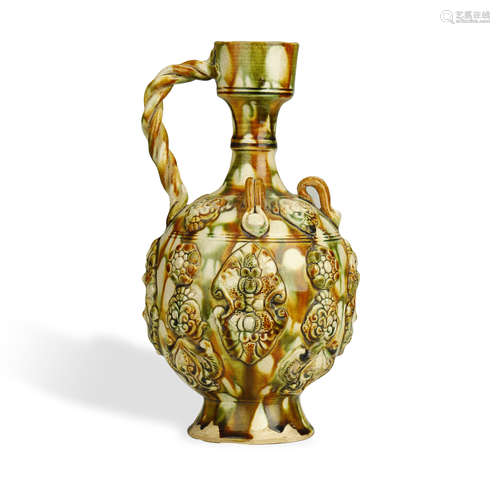 TANG DYNASTY,A FINE SANCAI-GLAZED POTTERY EWER