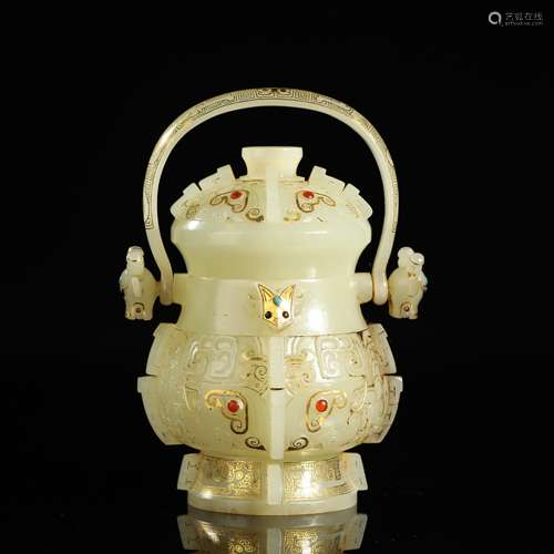 QING DYNASTY,GOLD-INLAID JADE COPY BRONZE RITUAL VESSEL