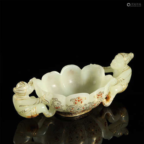 QING DYNASTY,GOLD-INLAID JADE BRUSH WASHER