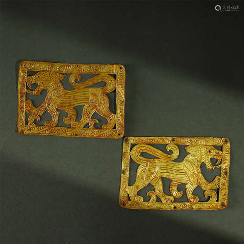 A PAIR OF HOLLOW CARVED TIGER GOLD-FOIL,TANG DYNASTY