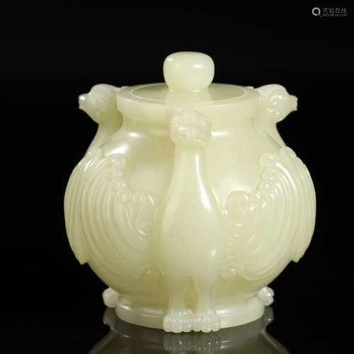 QING DYNASTY,HETIAN JADE CARVED PHOENIX JAR AND COVER