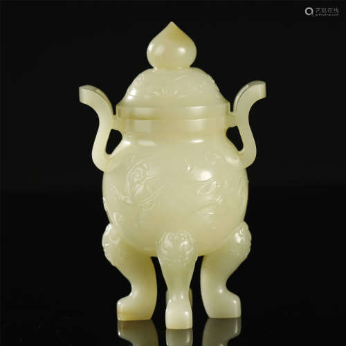 QING DYNASTY,HETIAN JADE CARVED FIGURE CENSER AND COVER