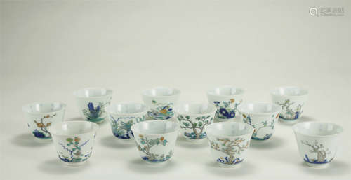 QING DYNASTY,A SET OF DOUCAI GLAZED CUPS