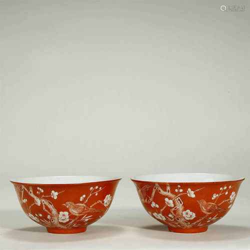 QING DYNASTY,A PAIR OF CORAL-RED GROUND BOWLS