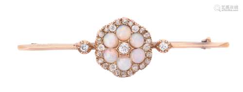 A late Victorian opal and diamond cluster bar brooch