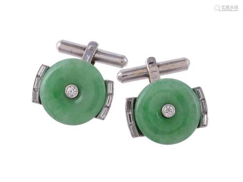 A pair of 1960s jadeite and diamond cufflinks