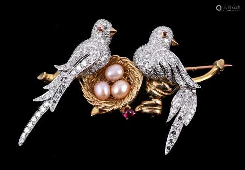 A diamond, ruby and simulated pearl lovebirds brooch