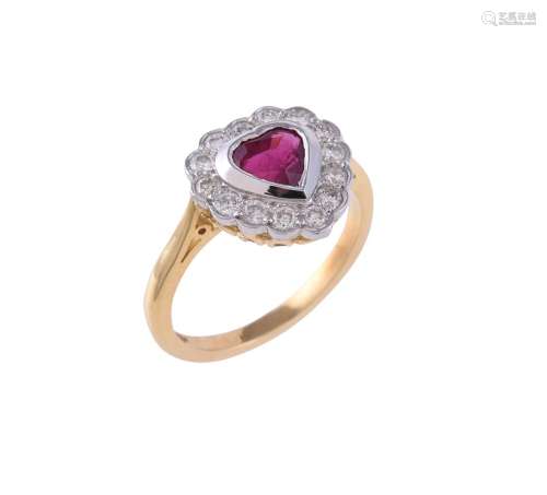 A ruby and diamond heart shaped cluster ring