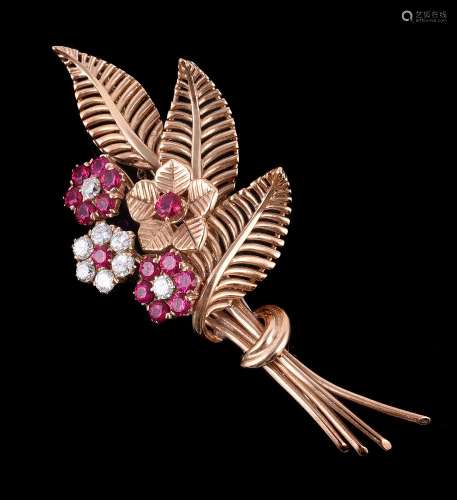 A 1970s synthetic ruby and diamond floral spray brooch