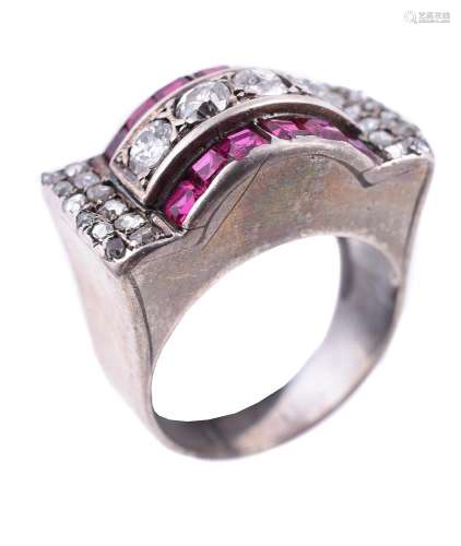 A 1940s synthetic ruby and diamond Odeonesque dress ring