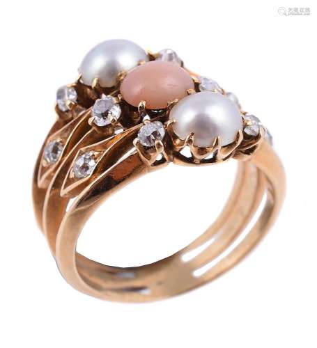 Y An early 20th century diamond, pearl and coral dress ring