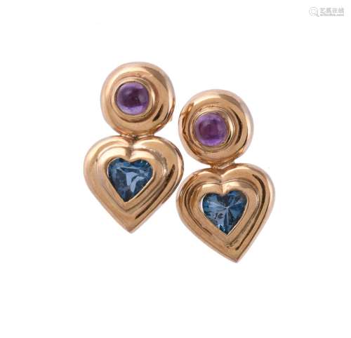 A pair of amethyst and blue topaz earrings