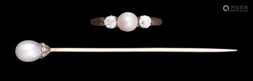 A 1920s three stone diamond and cultured pearl ring