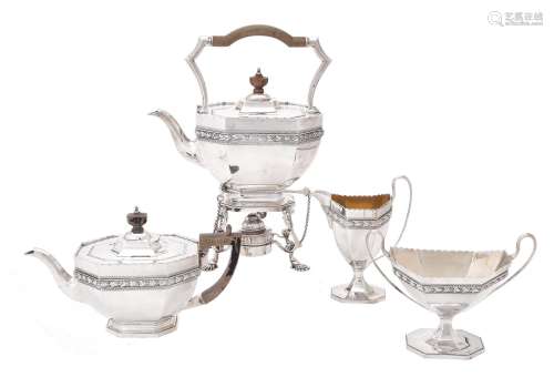 A silver matched four piece octagonal tea set by Edward Barn...