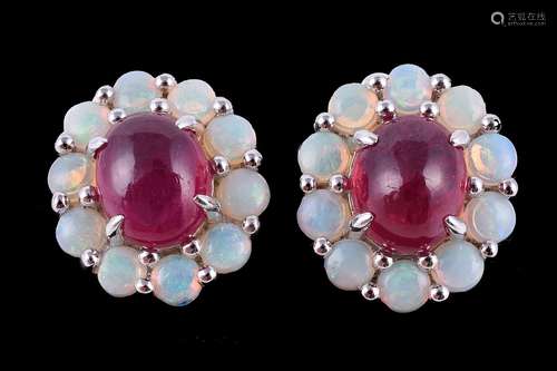 A pair of opal and ruby cluster earrings